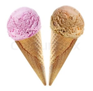 berry and chocolate ice cream cone on white background